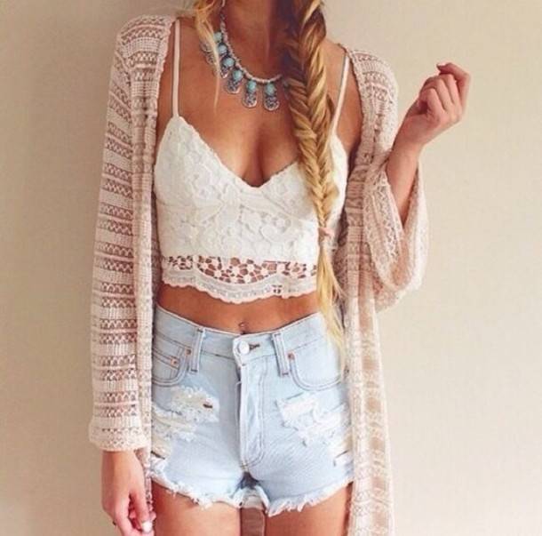 1457444494 83nr7y l 610x610 high%2bwaisted boho necklace jewels lace beige cardigan knit crochet cropped summer%2boutfits acid%2bwash ripped denim%2bshorts denim%2bjacket knitted%2bcardigan crop%2btops white%2bt%2bshirt white%2b