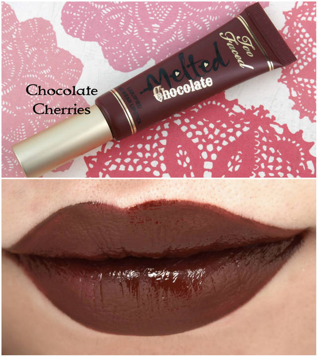 1457943965 too faced melted chocolate liquified lipstick swatches review chocolate cherries