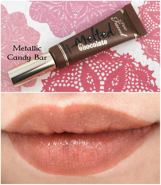 1457944006 too faced melted chocolate liquified lipstick swatches review metallic candy bar
