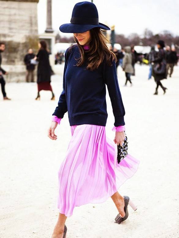1458097095 sweaters over dresses ladylike femme mod stacked heels pleated skirt navy sweater pink wide brim hat floppy hat via candice lake