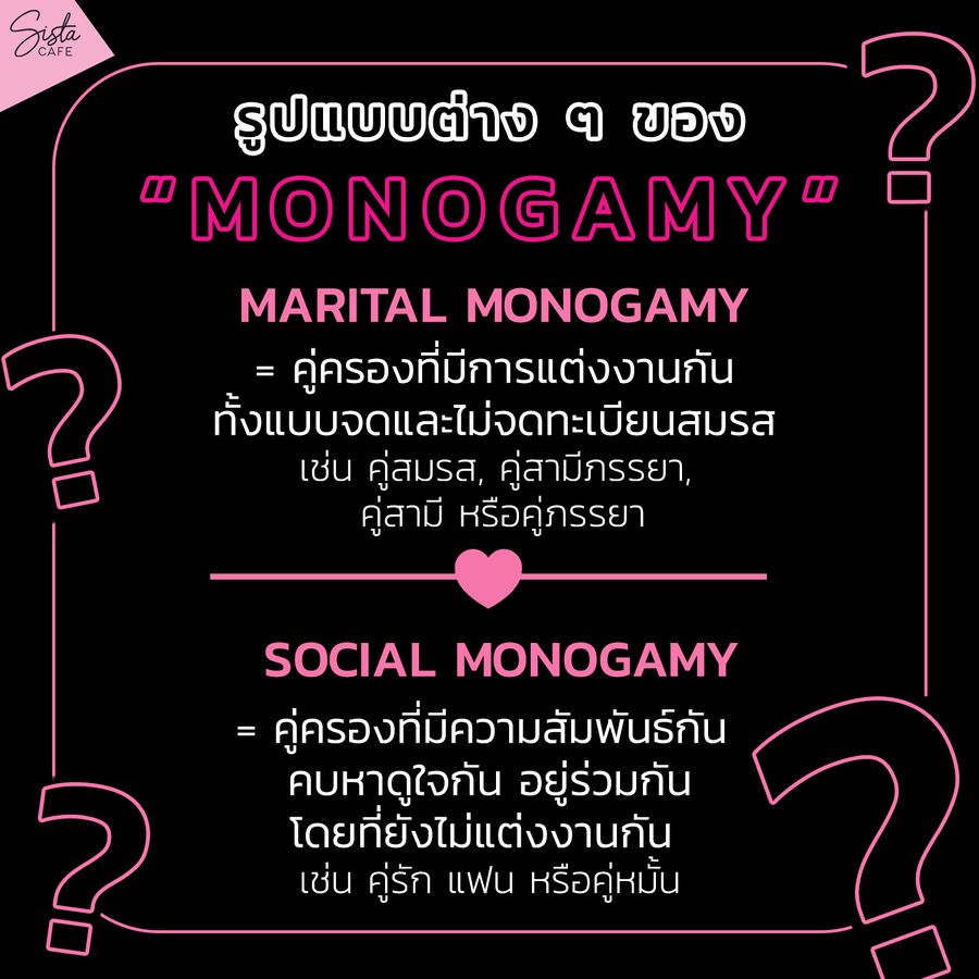 Marital monogamy คู่ครองที่มีการแต่งงานกัน ทั้งแบบจดและไม่จดทะเบียนสมรส เช่น คู่สมรส, คู่สามีภรรยา, คู่สามี หรือคู่ภรรยา Social monogamy : คู่ครองที่มีความสัมพันธ์กัน คบหาดูใจกัน อยู่ร่วมกันโดยที่ยังไม่แต่งงานกัน เช่น คู่รัก แฟน หรือคู่หมั้น