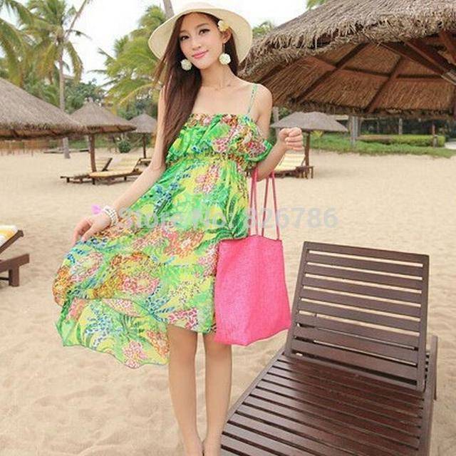 1459262334 women chiffon dress large size sling beach dress female green flower print summer dress clothes for women vestido longo casual 4982 4