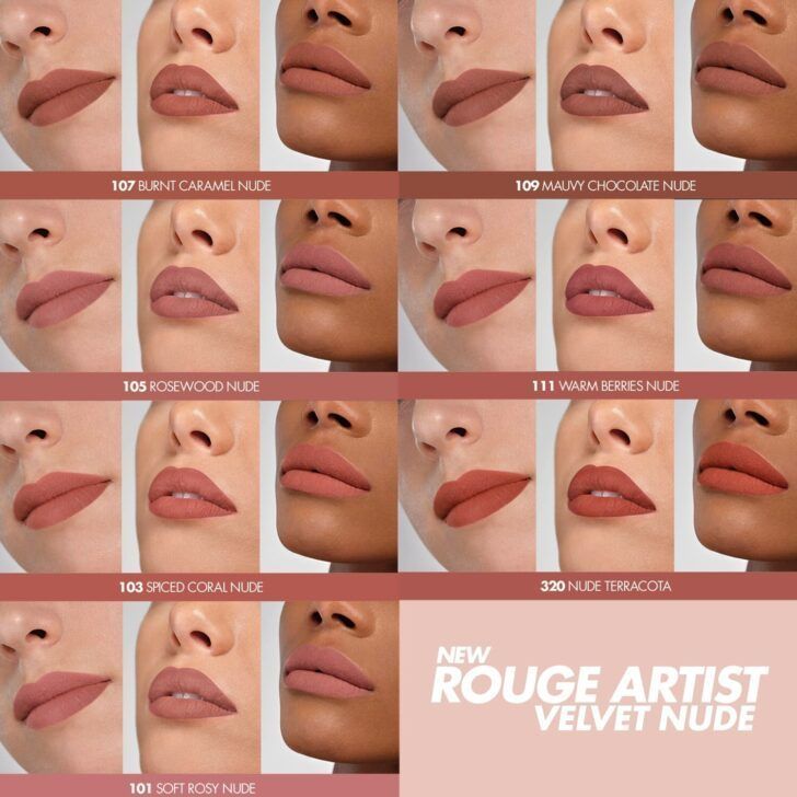 1673257136 3 make up forever rouge artist velvet nude lipstick collection lip swatches 728x728