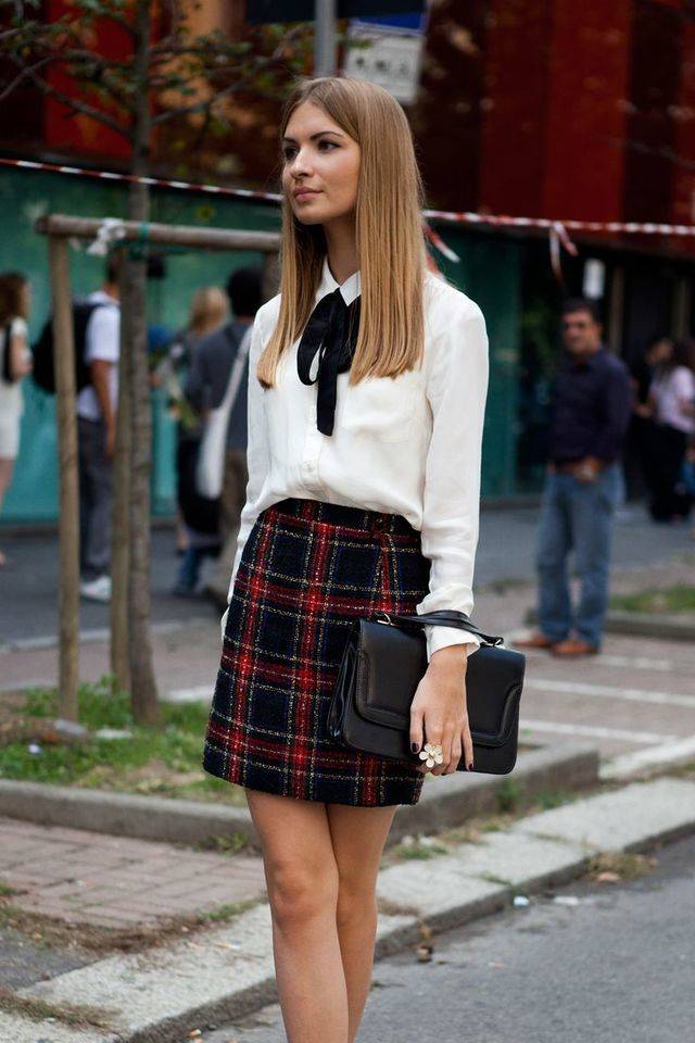1460876327 pussy bow on white shirt and plaid skirt