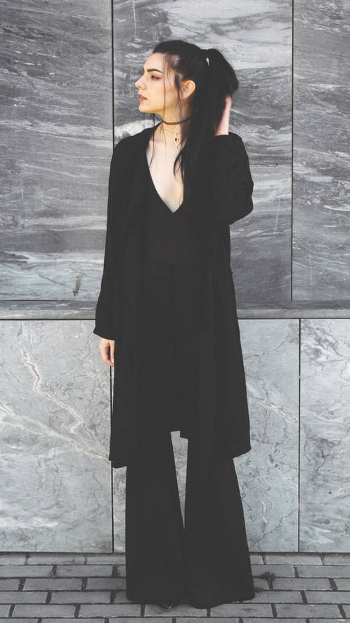 1463725347 deep v bodysuit with a chiffon coat and black flare pants