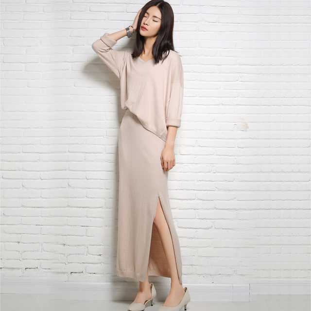 1466448375 15 autumn and winter fashion korean women sweater knit dress slit skirt suit two piece cashmere