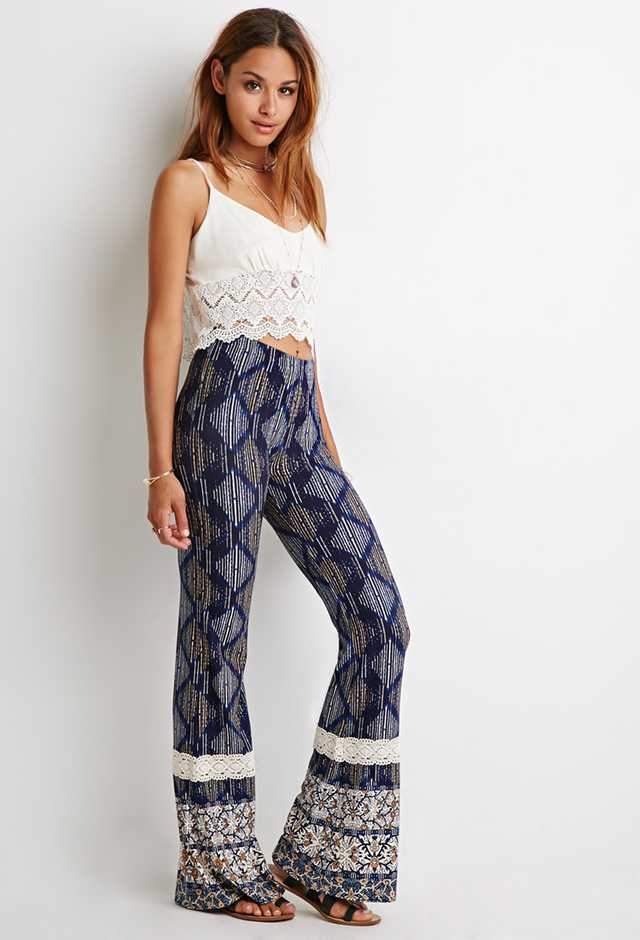 1466840316 forever 21 indigomustard striped diamond print flared pants blue product 3 973690163 normal