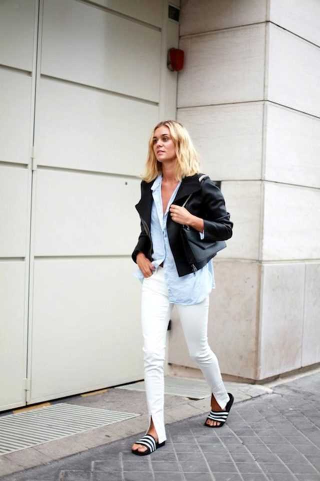 1466879732 21 le fashion blog 30 fresh ways to wear white jeans jacket blue button down shirt adidas slide sandals via adenorah
