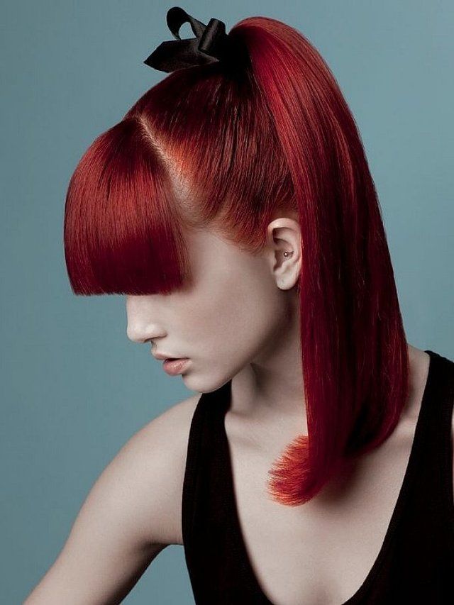 1468327286 burgundy red hair color with blunt bangs for long straight hair with ponytail style