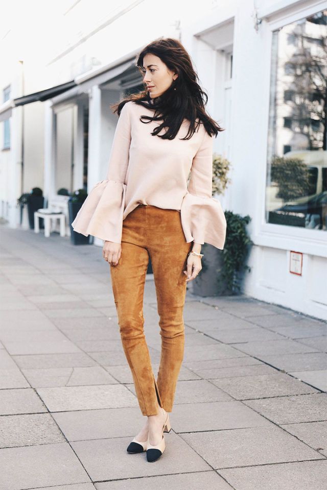 1468661163 spring suede block heels two tone chanel shoes suede pants skinnies bell sleeves night out going out spring outfit work hug you 640x960