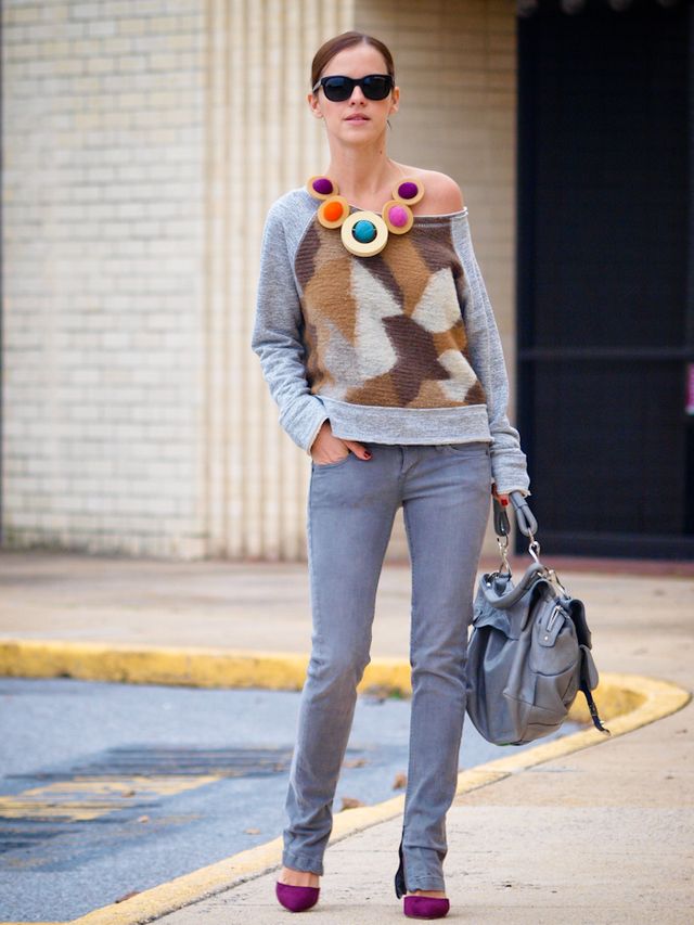 1468995506 2. statement necklace and purple pumps with sweater and gray jeans