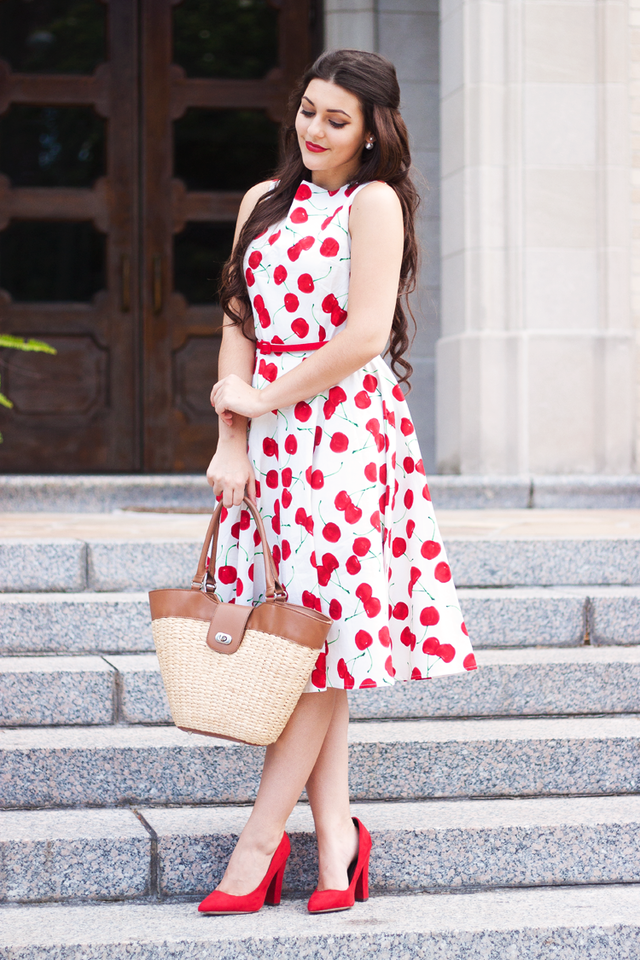 1469170793 3. cherry print sundress with woven bag