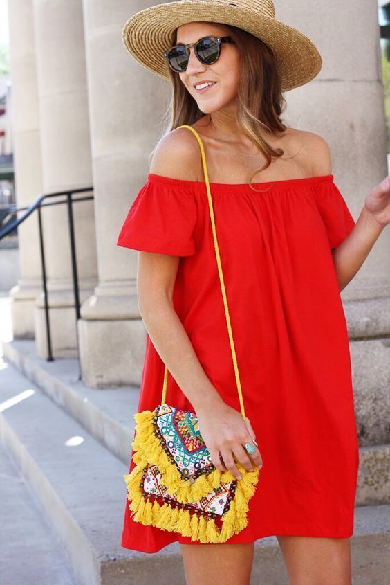1469229481 bright yellow bag and red off shoulder dress
