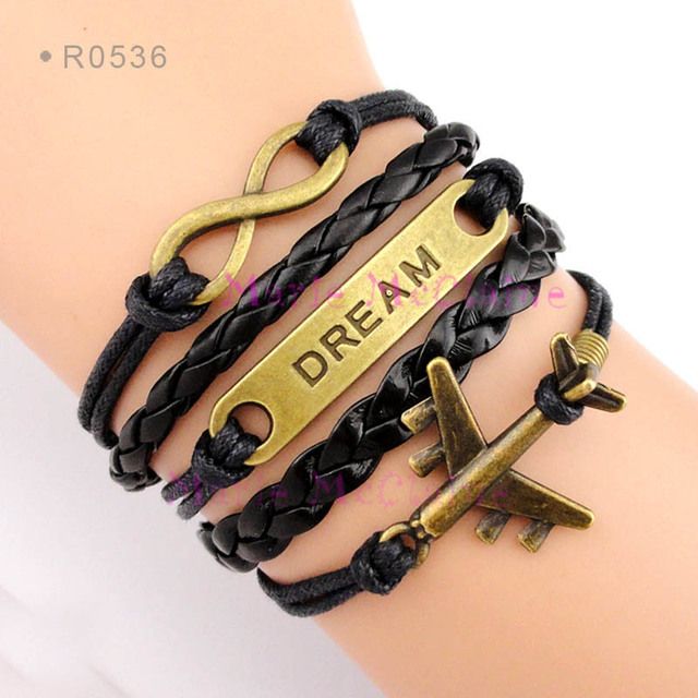 1469600867 infinity love dream plane charm bracelet black waxed cotton cord faux leather braid men s bracelet
