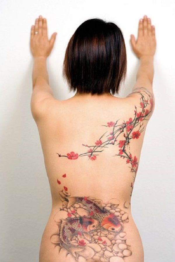 1470207616 cherry blossoms and fish tattoo on back