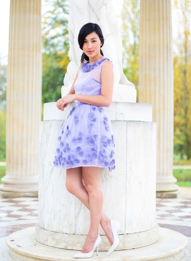 1470207737 2. embellished lavender dress with white pumps