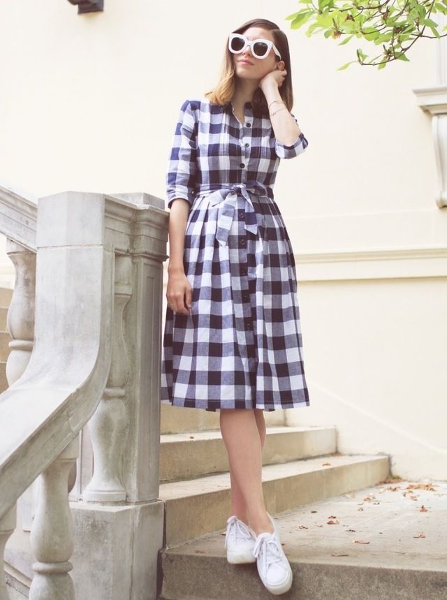 1470210438 3. gingham shirtdress with sneakers