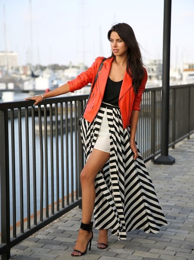 1471269126 4. chevron striped skirt with orange leather jacket