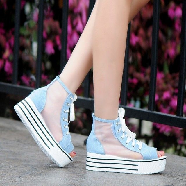 1471433949 korean style 2015 new summer flats chunky heel high top lace up open the toe denim