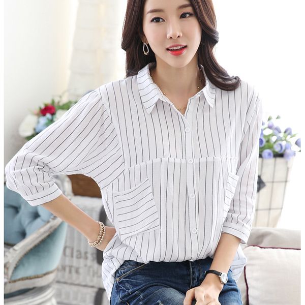 1471435173 striped shirt office 2015 summer new korean three quarter shirts font b women b font blouse