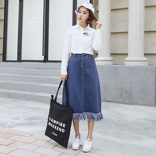 1472402534 long denim skirt blue jeans midi skirt with tassel fringed korean fashion high waist spring summer