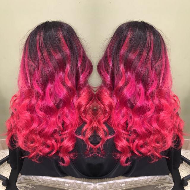 1482413900 14 bright pink curly hair with black roots