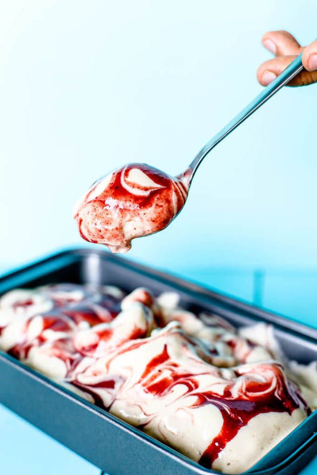 1482475484 super creamy naturally sweet 1 ingredient vanilla banana ice cream with berry ripple date caramel topping sauce 1