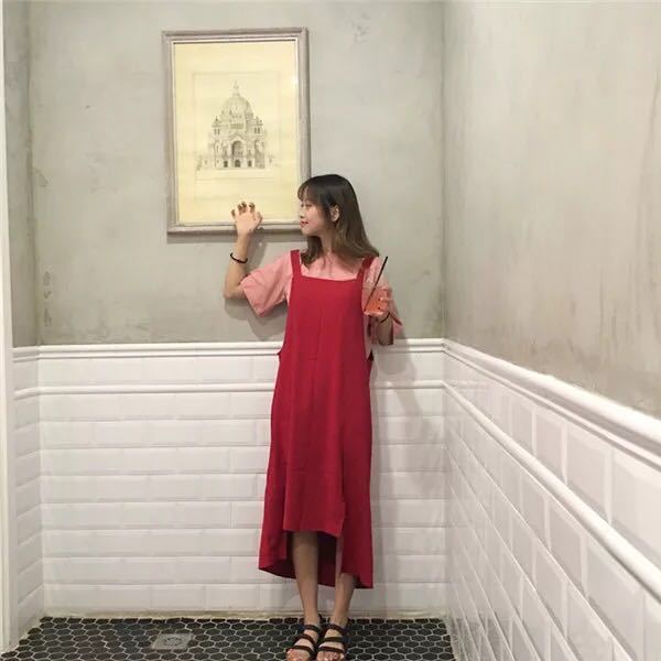 1484291503 korea ulzzang summer new korean series red color irregular slit skirt was thin strap dress over the united states dresses 150850 435