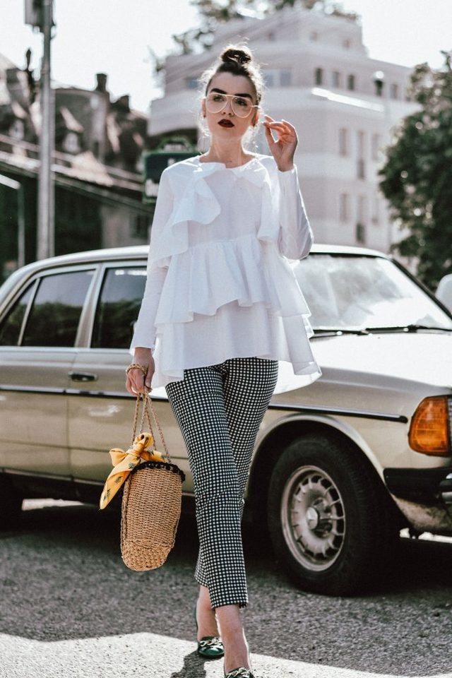 1499192981 clear lens glasses gingham pants ruffle shirt gucci pumps woven bag earrings andreea birsan couturezilla cute spring outfit ideas 2017 15 683x1024