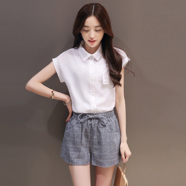 1499530830 10970 new arrival womens summer short sleeved white shirt korean style plaid shorts wide leg pants piece fitted