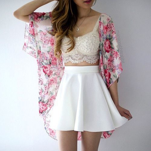 1500390963 14 a white skater skirt an ivory lace bralette and a floral kimono