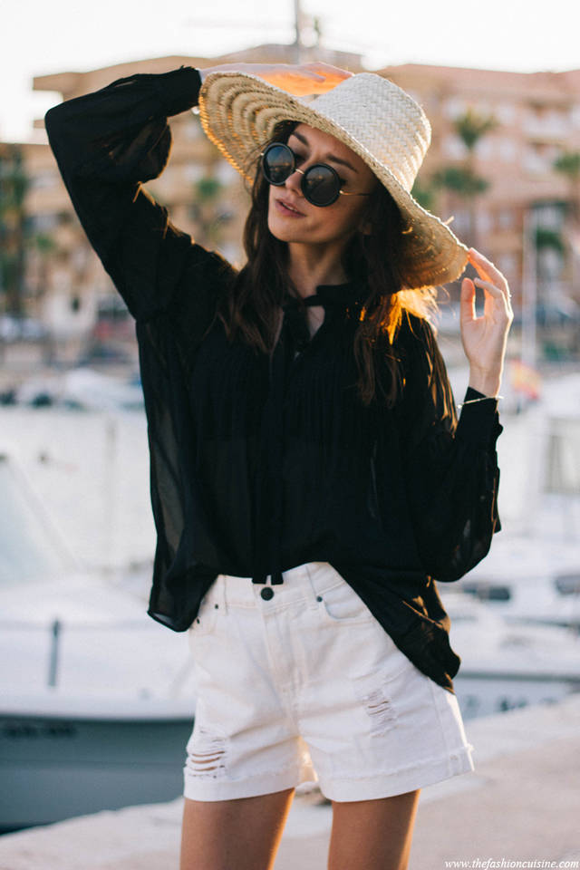 1443797504 wide brim straw hat chiffon black blouse white zara ripped shorts fashion blogger 4
