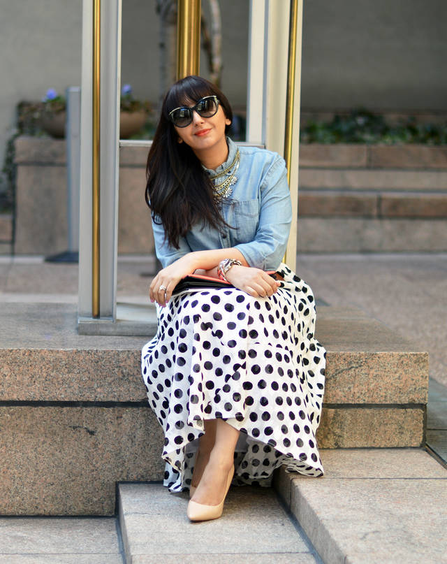 1443972045 polka dot skirt maxi denim shirt statement necklace 10rs