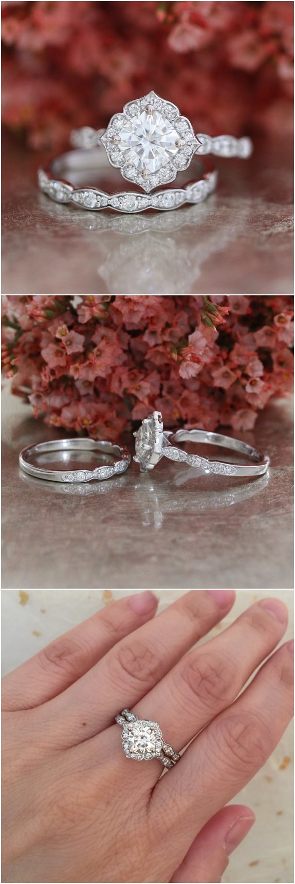 1505204554 forever one moissanite engagement ring and scalloped diamond wedding band bridal set 14k white gold 6x6mm cushion mini vintage floral ring