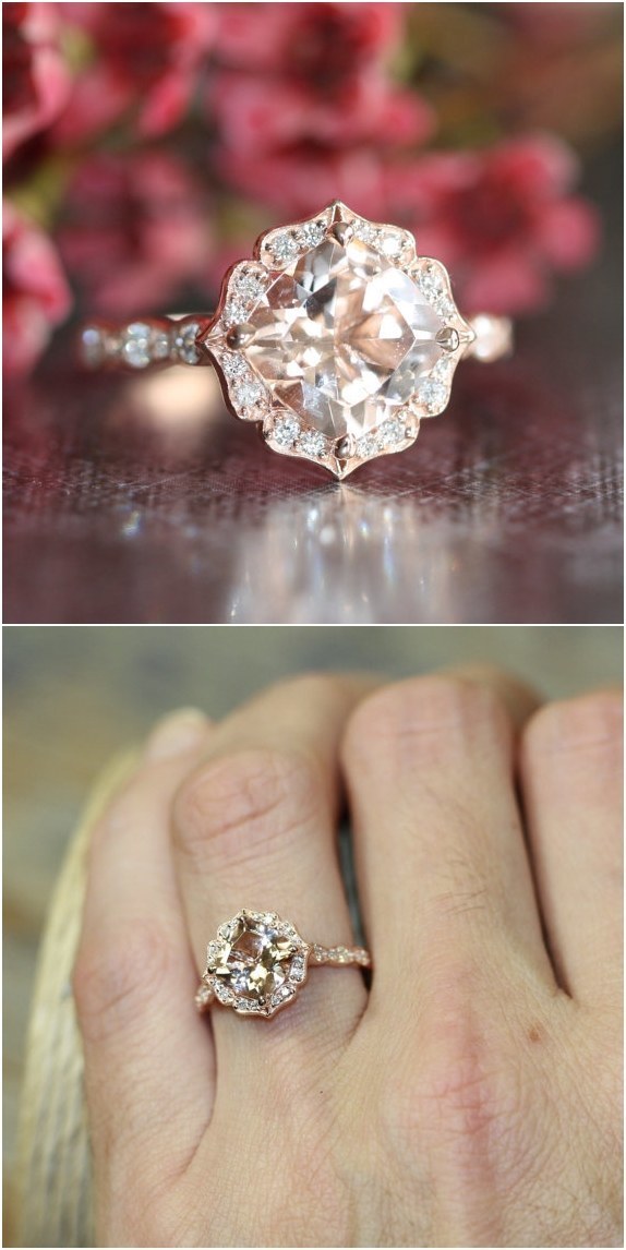 1505204591 14k rose gold vintage floral morganite engagement ring scalloped diamond wedding band 8x8mm cushion pink peach morganite ring