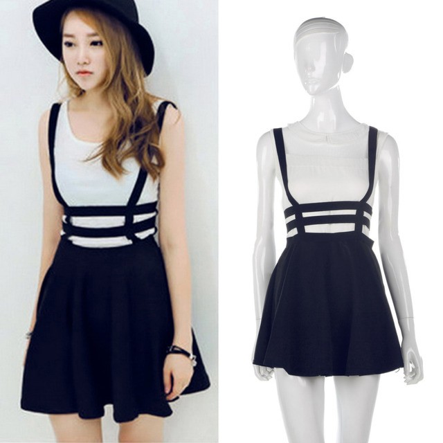 1506948526 women sexy pleated suspender skirt braces hollow out bandage mini skater dressing