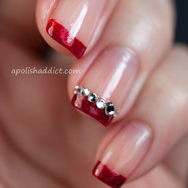 1507181461 elegant french manicure designs short nails squoval sparkly red tips silver rhinestones