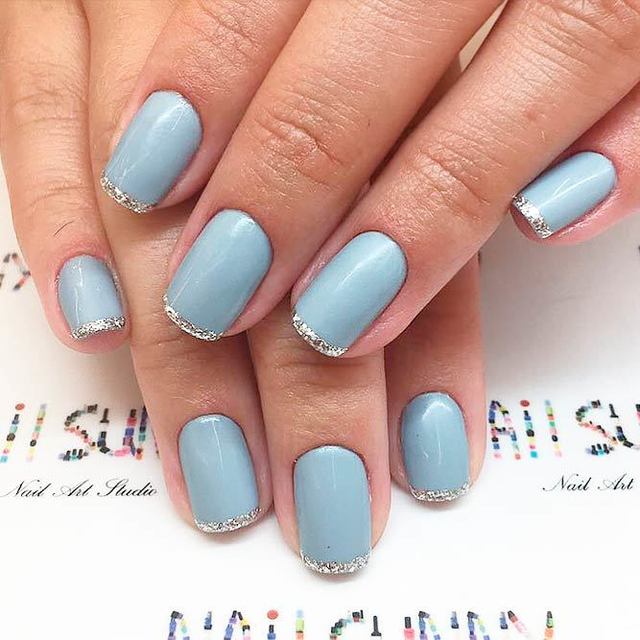 1507181608 elegant french manicure designs short nails squoval matte grey nail base sparkly silver tips 1