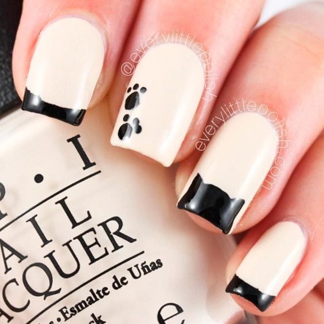 1507181636 elegant french manicure designs short square nails beige base black tips cat