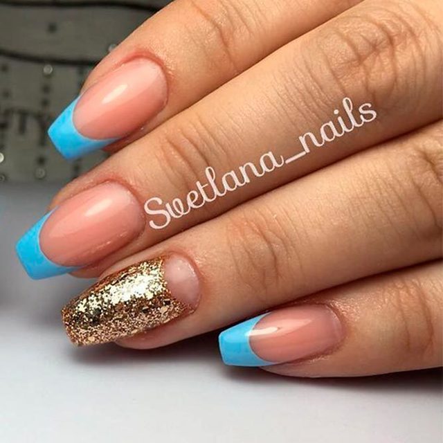1507181748 elegant french manicure designs medium length coffin baby blue tips gold glitter accent finger