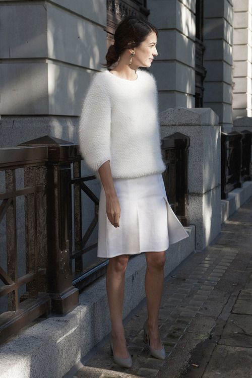1511097238 07 a white anogra sweater with half sleeves a white pleated skirt and grey heels for a modern look