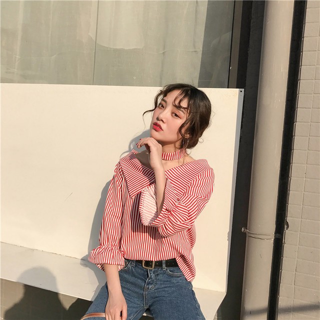 1513053435 parollada korean fashion striped blouse shirt ladies choker shirt v neck lantern sleeve blouse top
