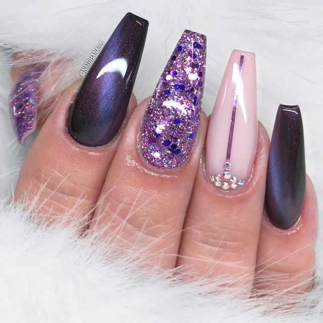 1517749587 purple nails designs coffin cat eye polish glitter accent