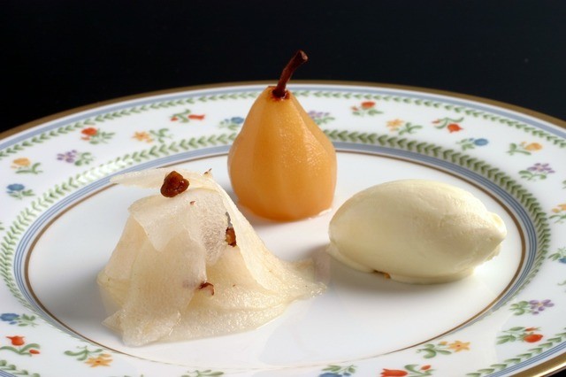 1519306655 poached seckel pear with asian pear salad and lemon verbena ice cream