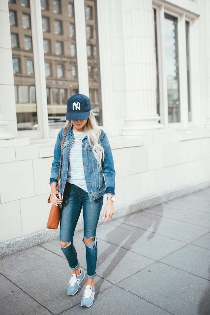 1520313322 with shirt distressed jeans light blue sneakers denim jacket and brown bag