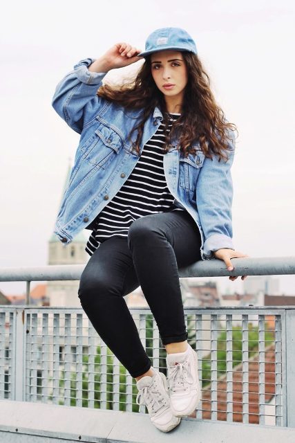 1520313367 with striped loose shirt skinny pants white sneakers and oversized denim jacket