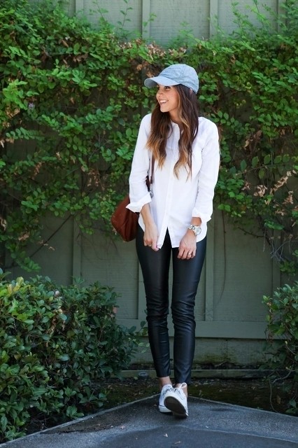 1520313395 with white button down shirt leather leggings white shoes and brown bag