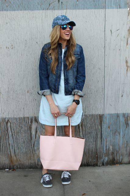 1520313947 with light blue dress denim jacket pale pink tote and sneakers