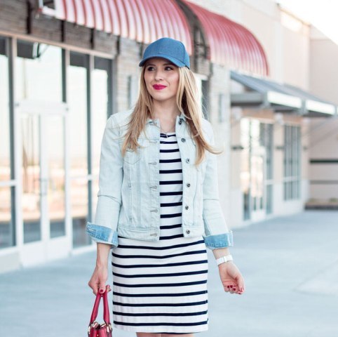 1520314087 with striped dress denim jacket and red bag