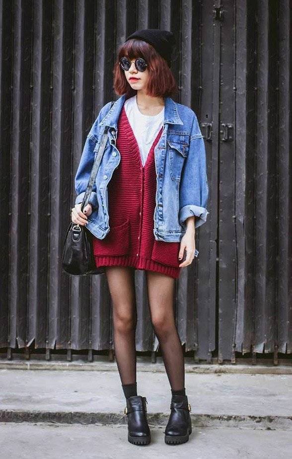 1448255796 beanie sunglasses cardigan denim jacket tights boots